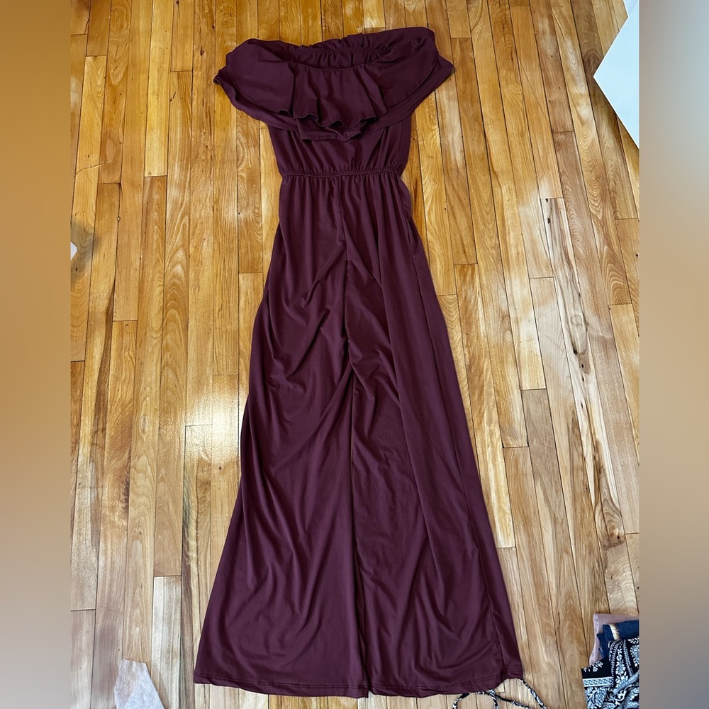 Maroon strapless pants styled romper
